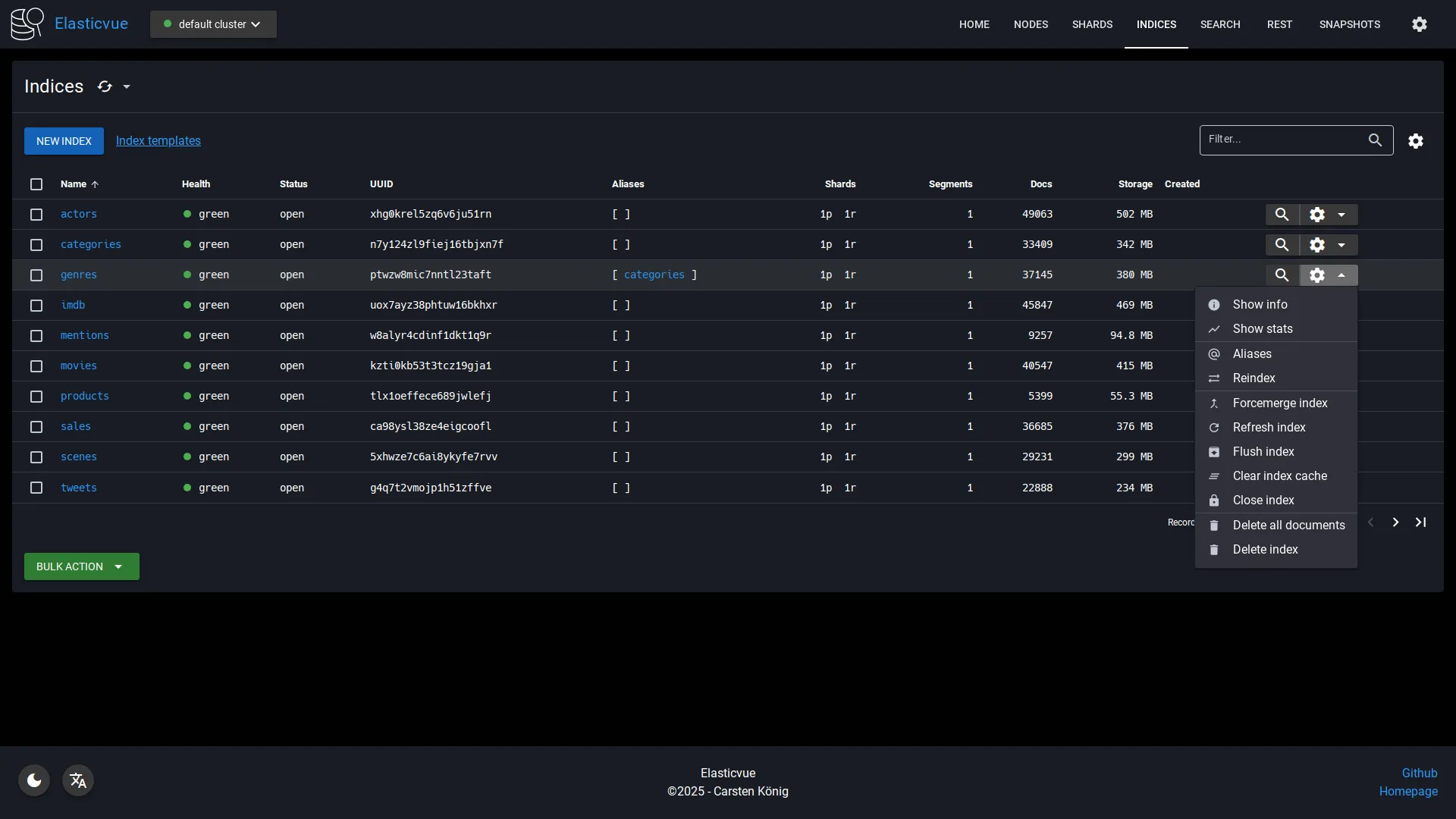 Indices view in Elasticvue