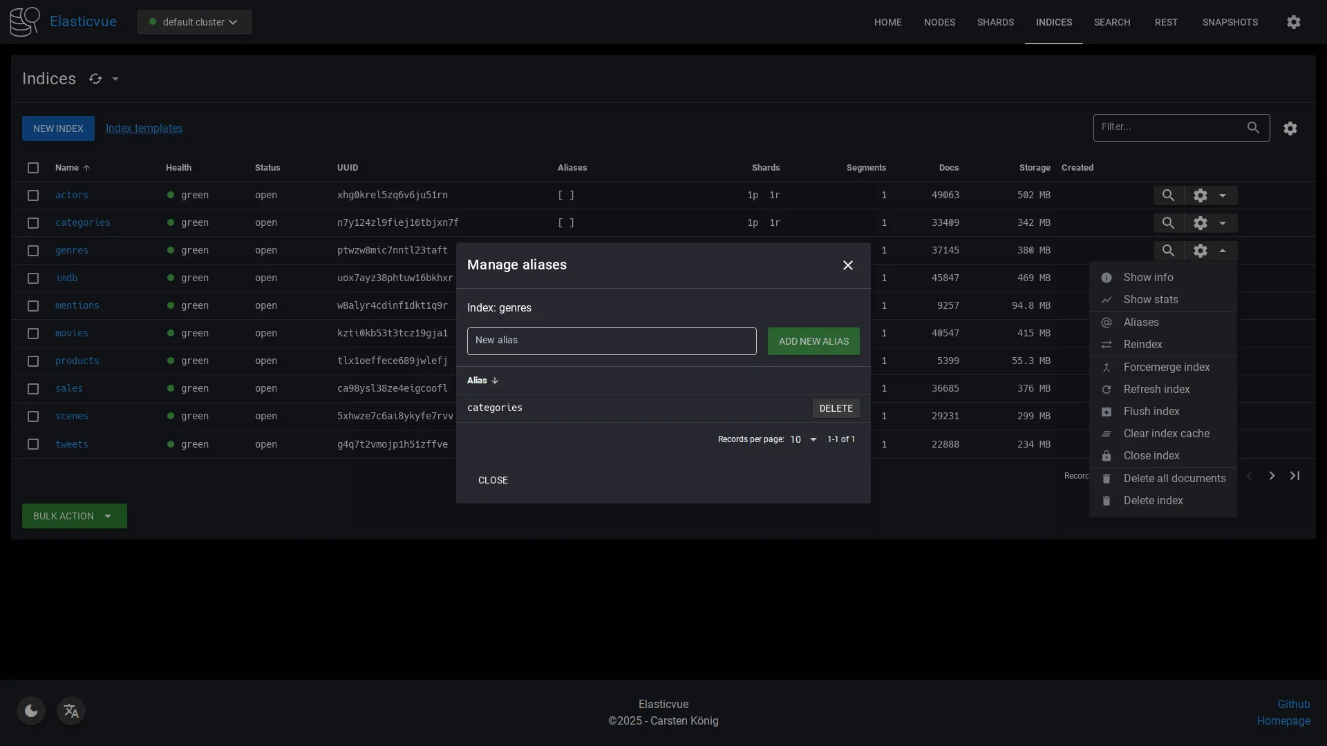 Index Aliases page dark mode screenshot
