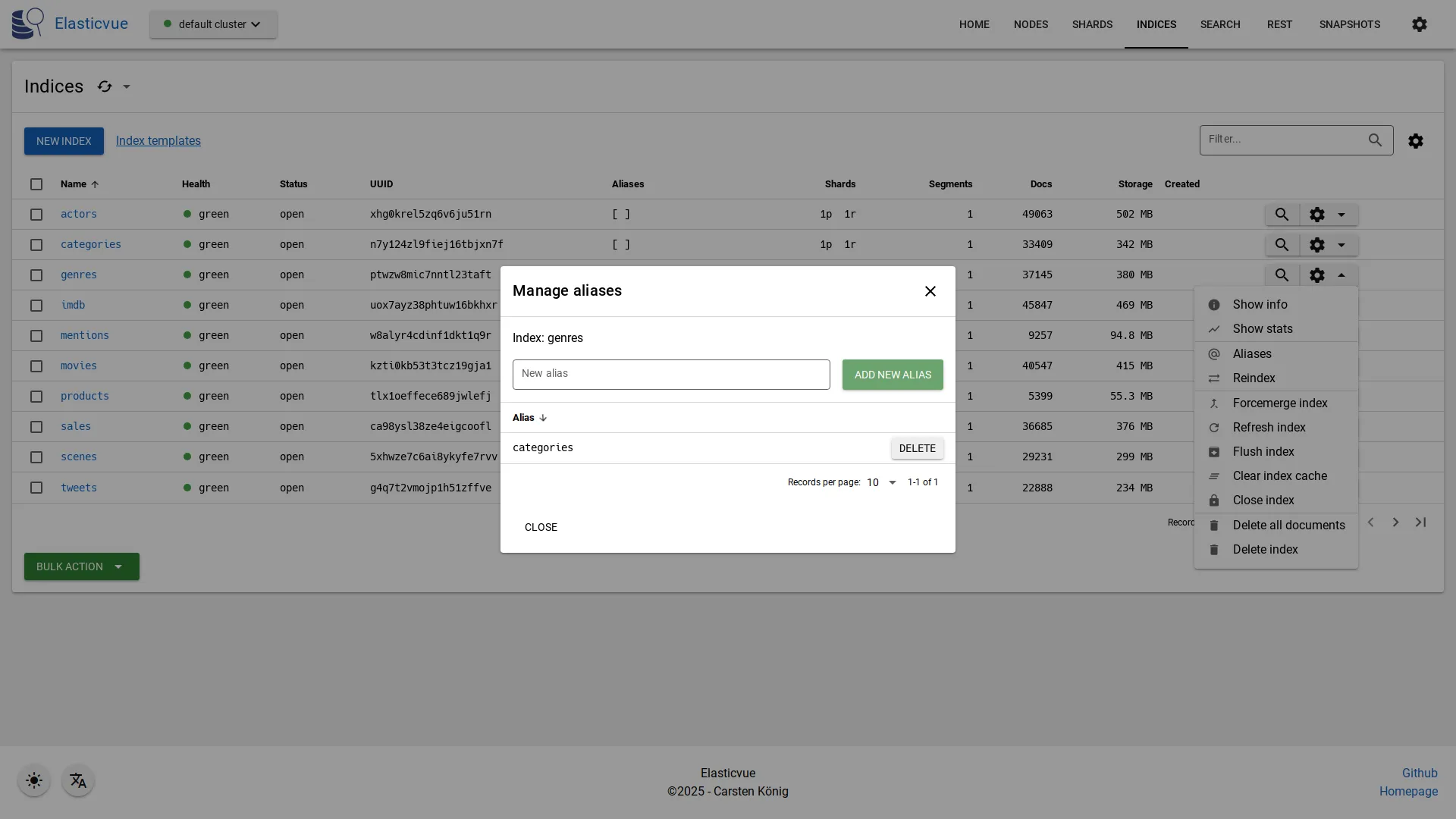 Index Aliases page light mode screenshot