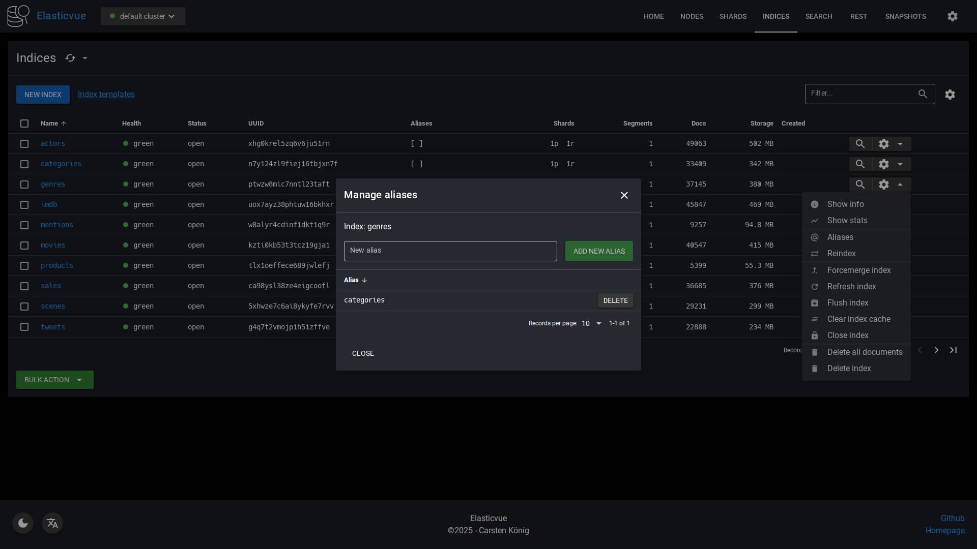 Index Aliases page dark mode screenshot